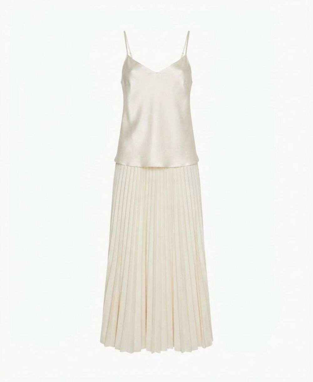 Avec Les Filles Satin Camisole Pleated Skirt Layered-Look Maxi Dress Cream 14